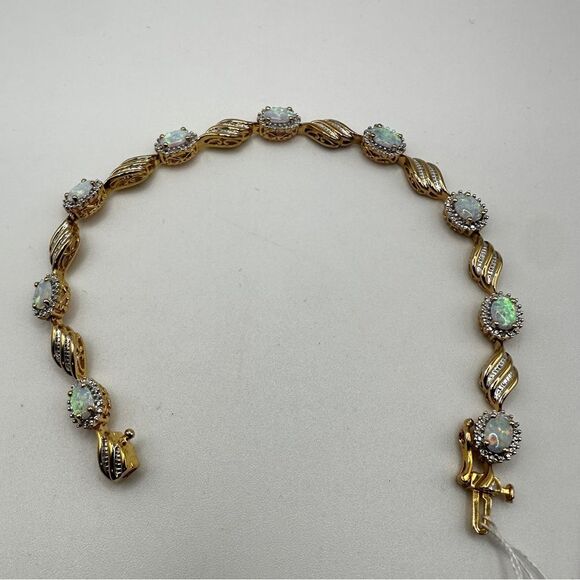 7" Lab created opal and diamond accent tennis bracelet in gold over 925! - Picture 9 of 16